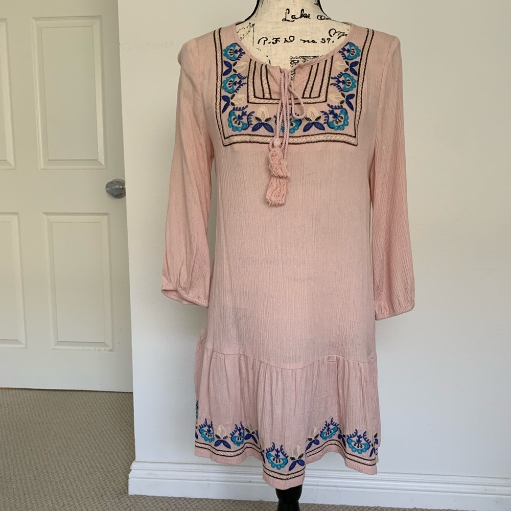 🆕 Boutique pink boho tribal swing knit ruffle tunic shirt top dress